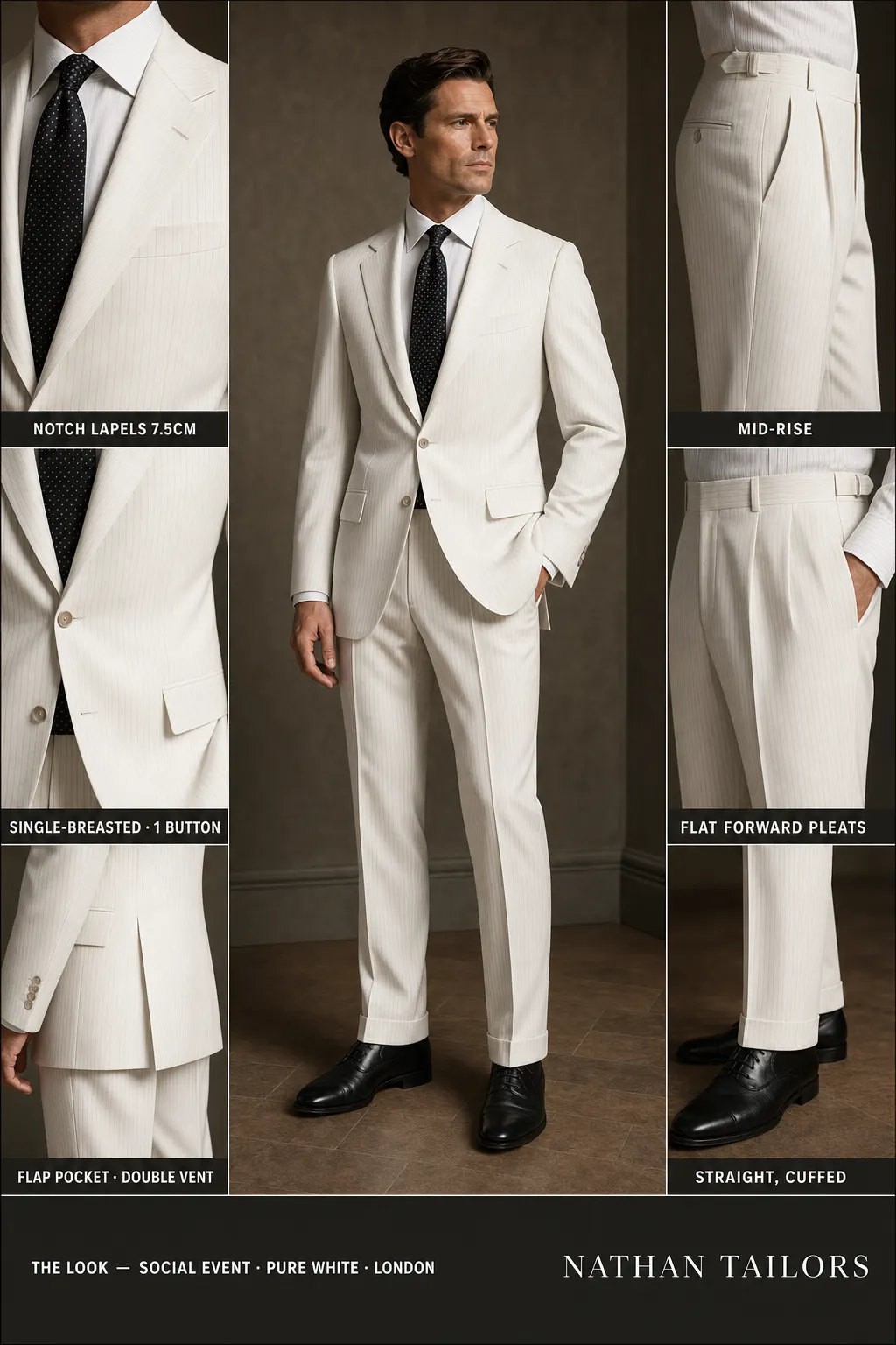 pure white pinstripe single-breasted notch-lapel bespoke suit — AI-rendered by Nathan Tailors, the Hoi An custom tailor. Available as a custom tailored suit from $149.