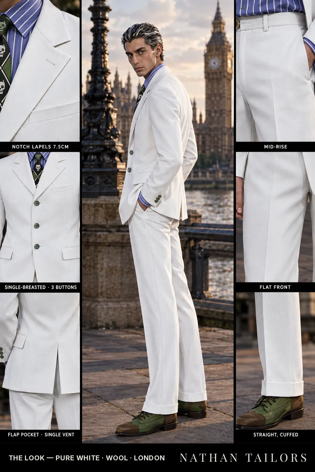 pure white single-breasted bespoke suit โ custom tailored by Nathan Tailors, the Hoi An custom tailor