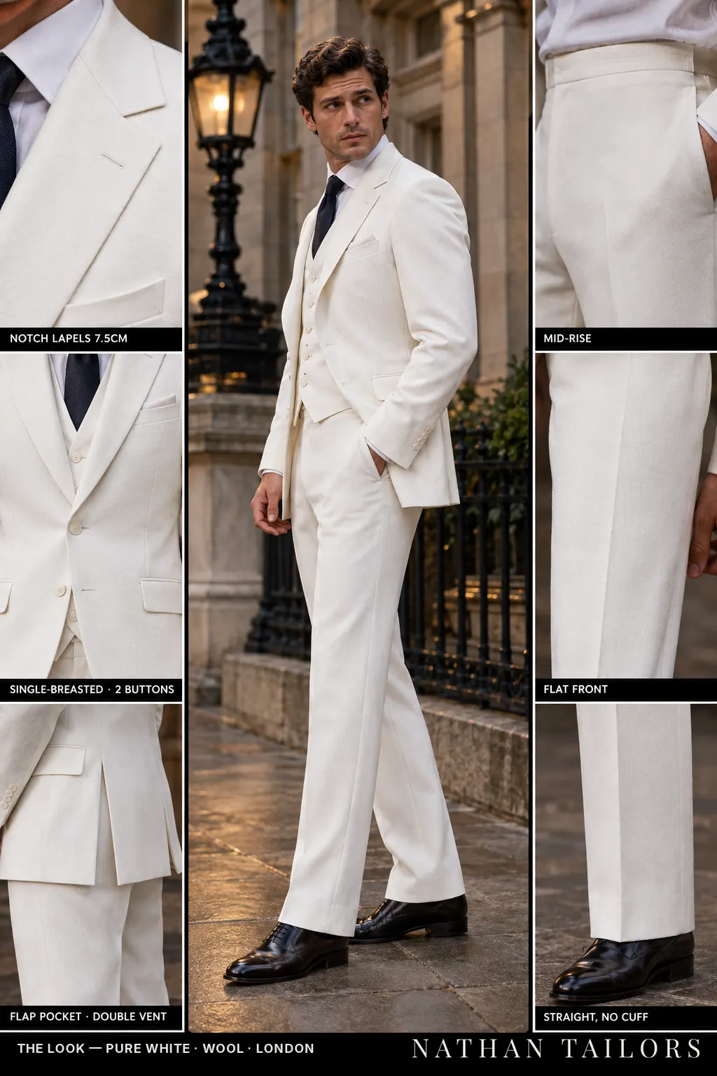 pure white single-breasted notch-lapel bespoke suit — AI-rendered by Nathan Tailors, the Hoi An custom tailor. Available as a custom tailored suit from $149.