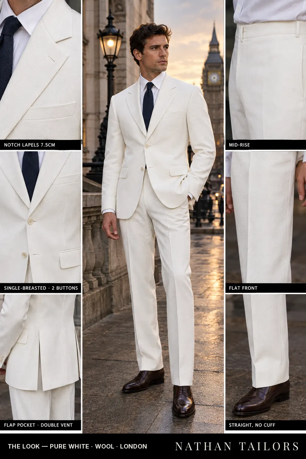 pure white single-breasted bespoke suit — custom tailored by Nathan Tailors, the Hoi An custom tailor