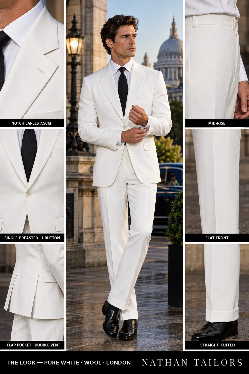 pure white single-breasted bespoke suit โ custom tailored by Nathan Tailors, the Hoi An custom tailor