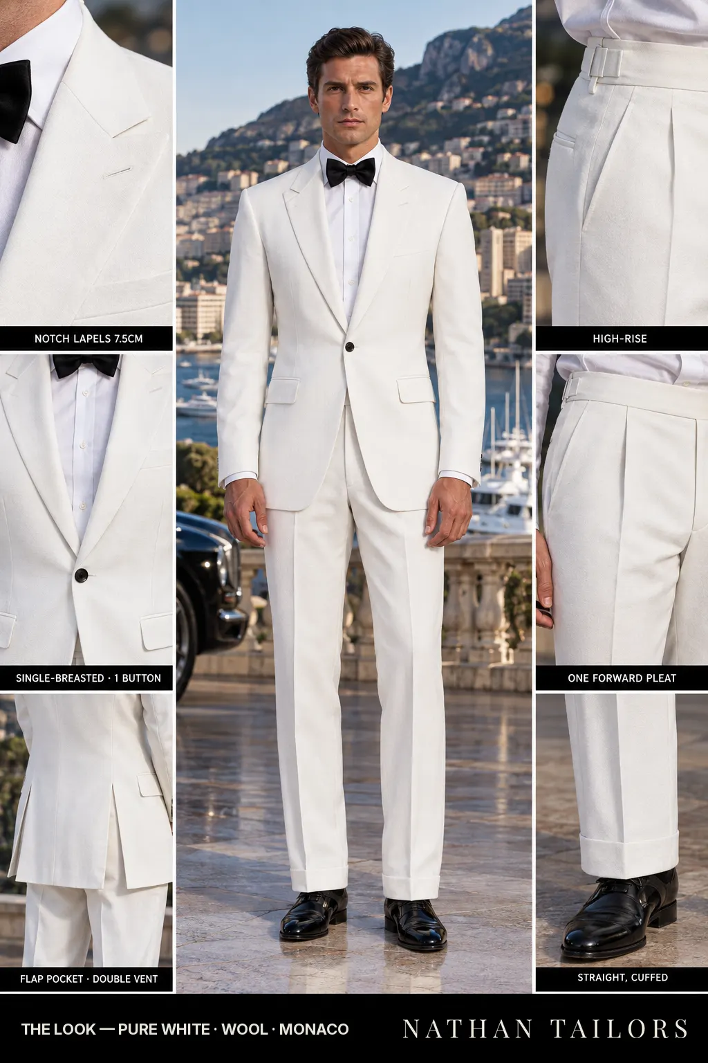 pure white single-breasted bespoke suit โ custom tailored by Nathan Tailors, the Hoi An custom tailor
