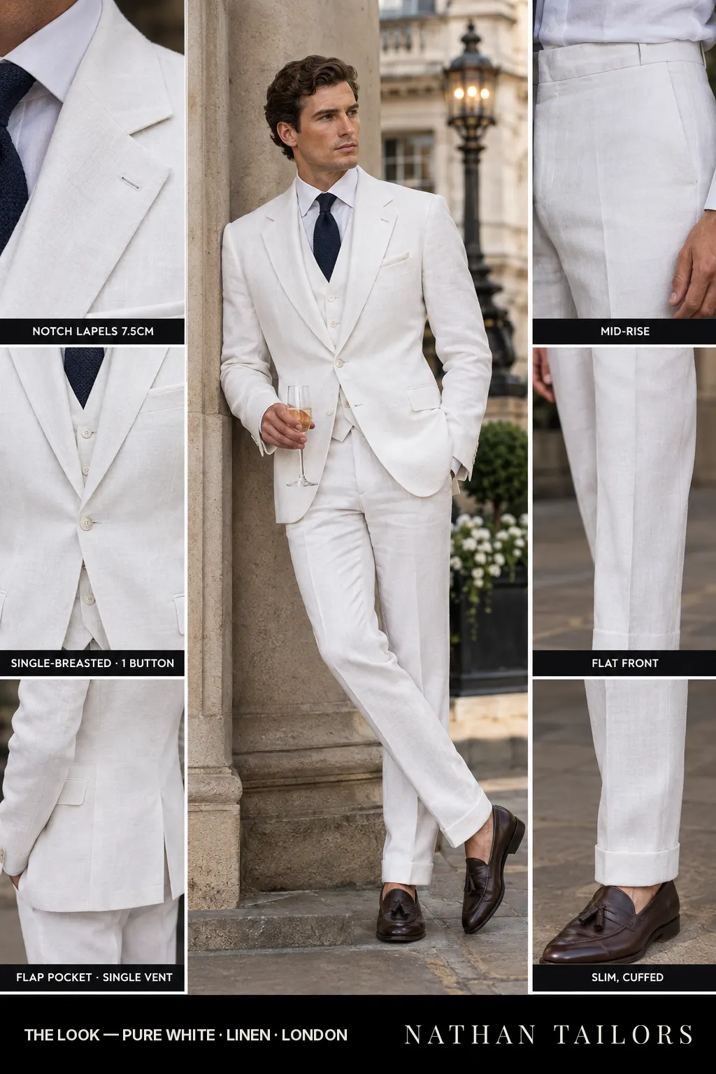 pure white single-breasted bespoke suit โ custom tailored by Nathan Tailors, the Hoi An custom tailor
