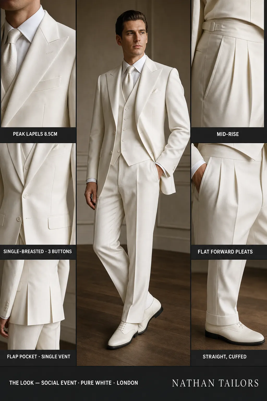 pure white single-breasted peak-lapel bespoke suit โ AI-rendered by Nathan Tailors, the Hoi An custom tailor. Available as a custom tailored suit from $149.