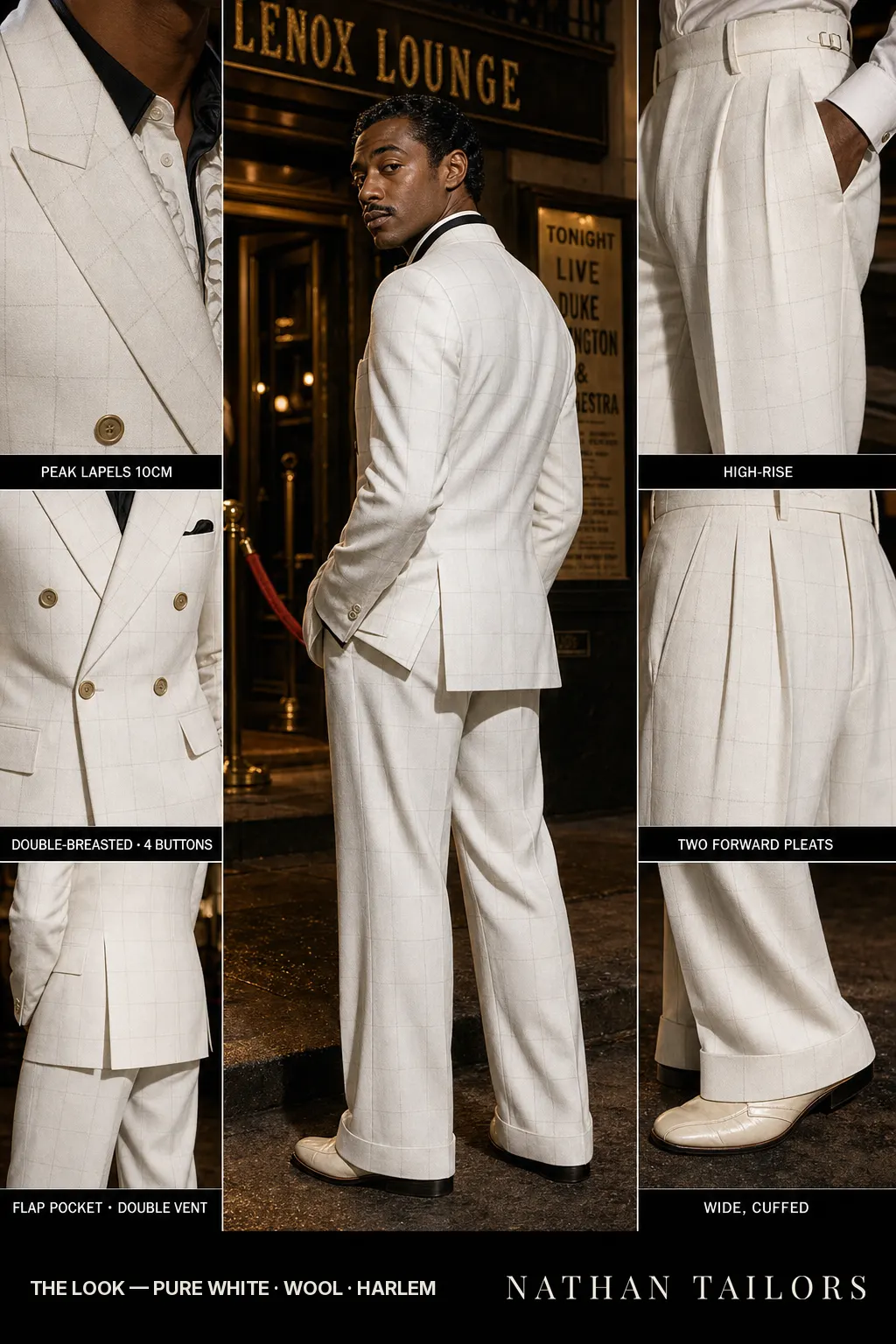 pure white windowpane double-breasted peak-lapel bespoke suit — AI-rendered by Nathan Tailors, the Hoi An custom tailor. Available as a custom tailored suit from $149.