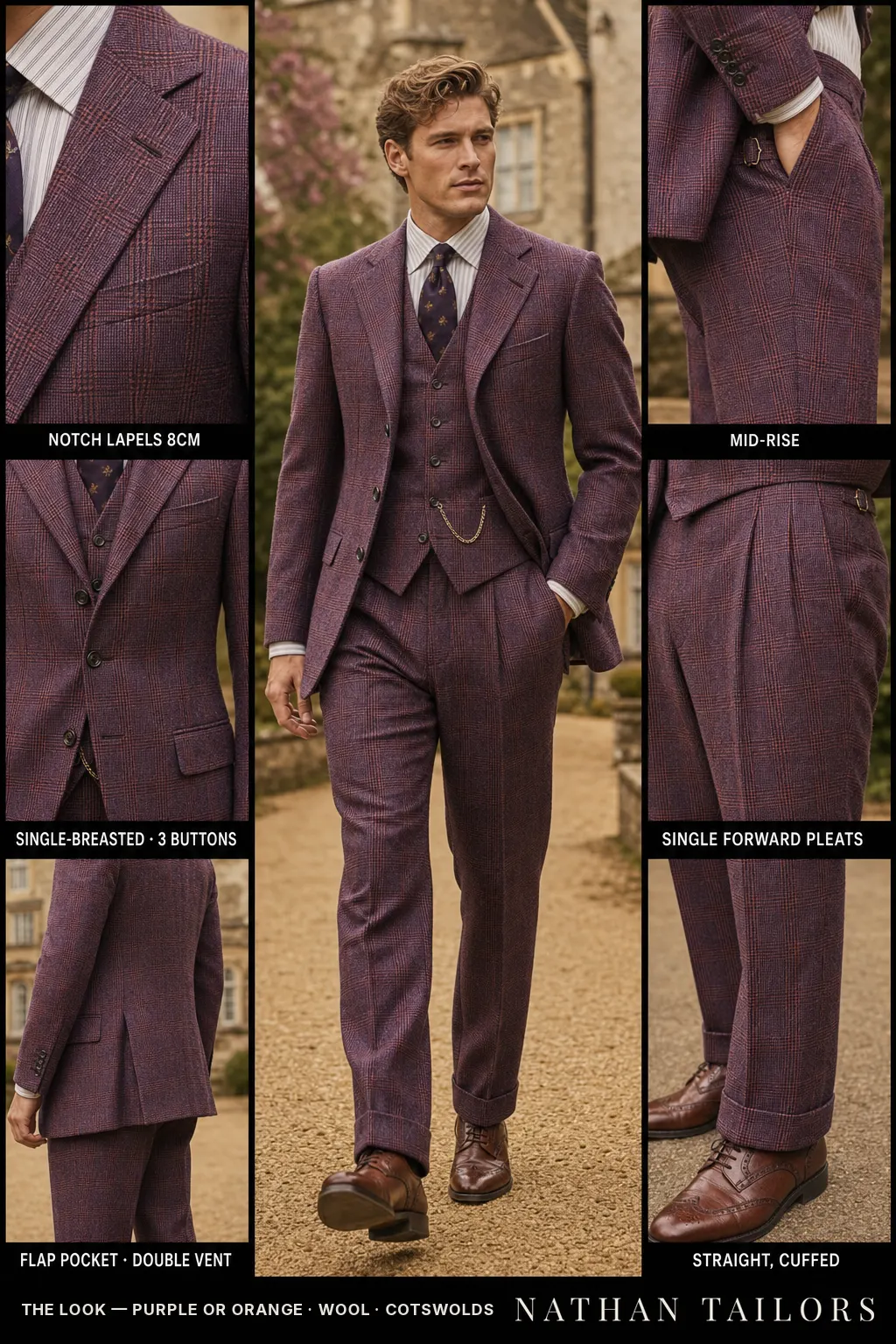 purple or orange glen plaid single-breasted notch-lapel bespoke suit — AI-rendered by Nathan Tailors, the Hoi An custom tailor. Available as a custom tailored suit from $149.