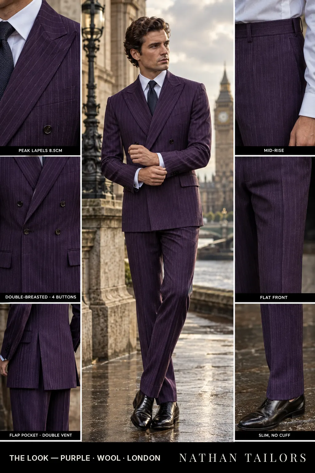 purple pinstripe double-breasted bespoke suit — custom tailored by Nathan Tailors, the Hoi An custom tailor