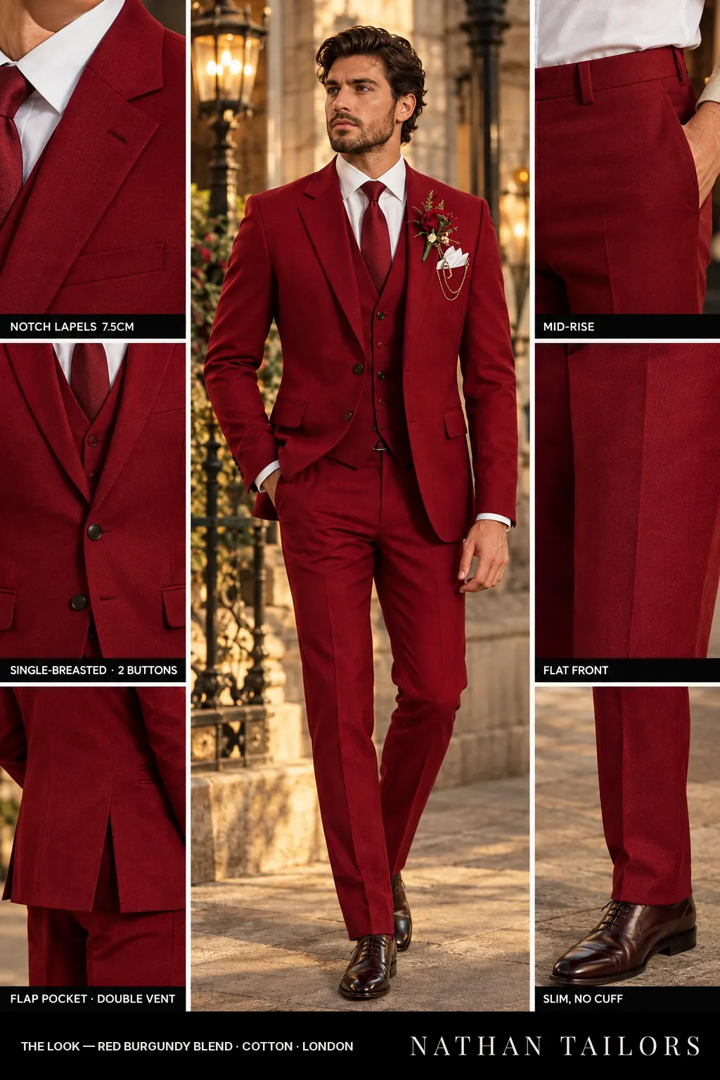 red burgundy blend single-breasted notch-lapel bespoke suit — AI-rendered by Nathan Tailors, the Hoi An custom tailor. Available as a custom tailored suit from $169.