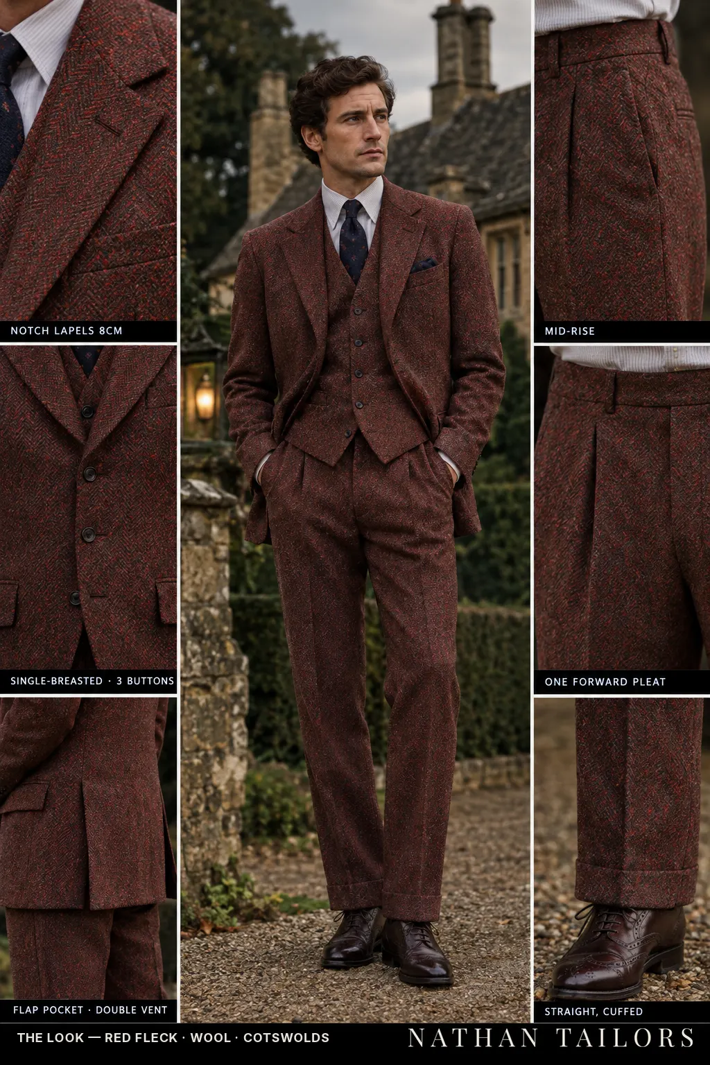 red fleck herringbone single-breasted bespoke suit โ custom tailored by Nathan Tailors, the Hoi An custom tailor