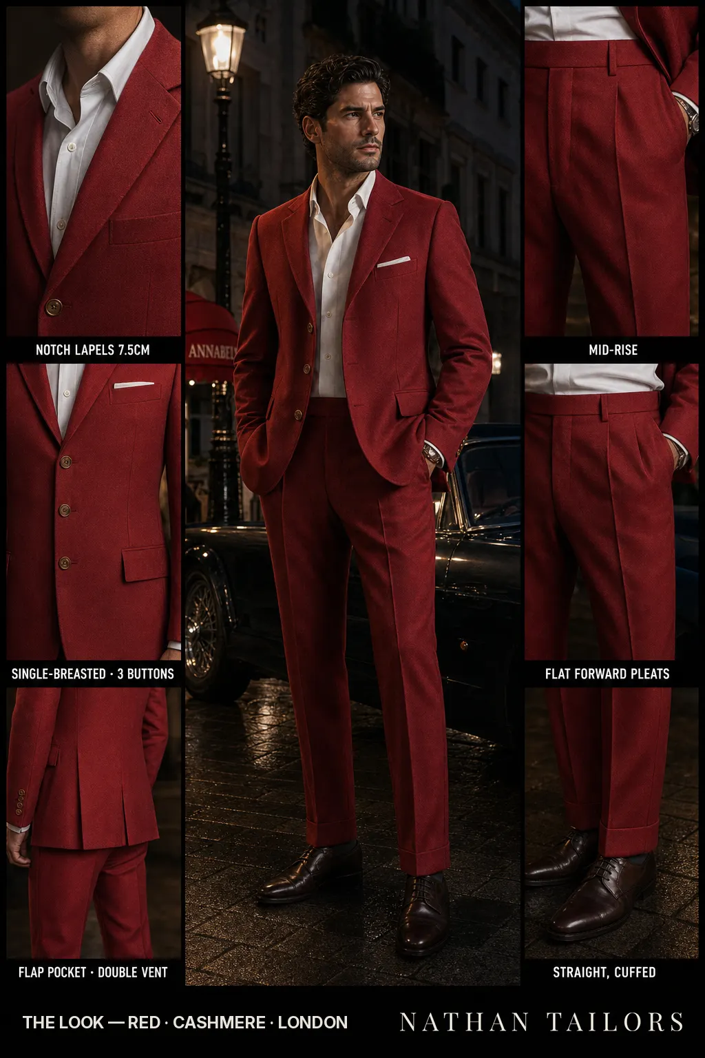 Red single-breasted notch-lapel bespoke suit — AI-rendered by Nathan Tailors, the Hoi An custom tailor. Available as a custom tailored suit from $149.