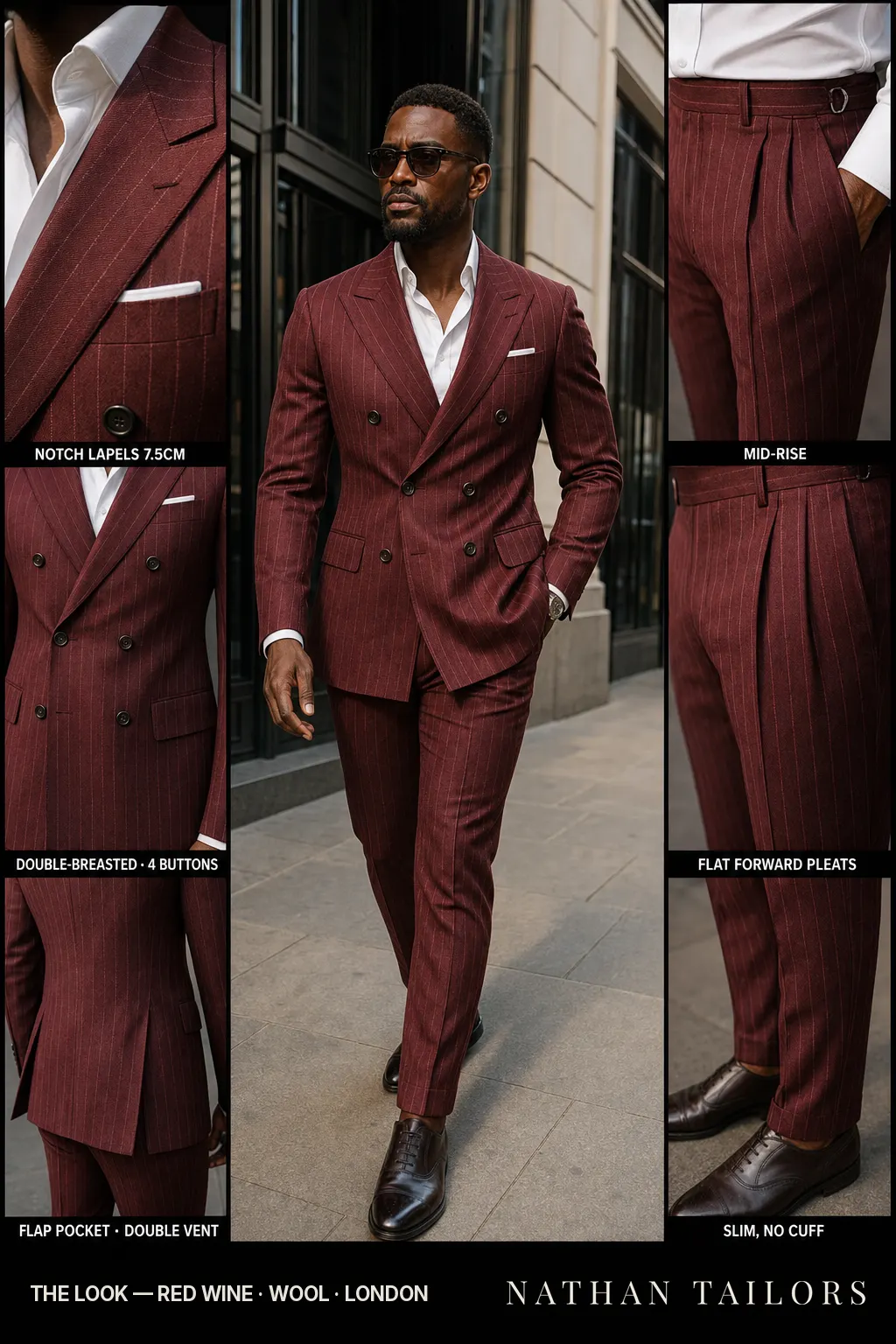 red wine chalk stripe double-breasted notch-lapel bespoke suit — AI-rendered by Nathan Tailors, the Hoi An custom tailor. Available as a custom tailored suit from $149.