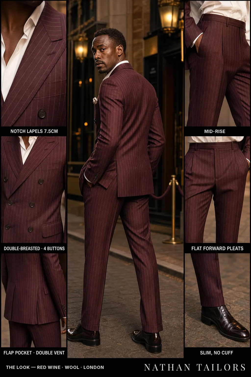red wine pinstripe double-breasted notch-lapel bespoke suit โ AI-rendered by Nathan Tailors, the Hoi An custom tailor. Available as a custom tailored suit from $149.