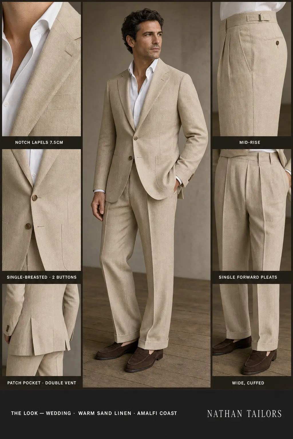 warm sand linen single-breasted notch-lapel bespoke suit — AI-rendered by Nathan Tailors, the Hoi An custom tailor. Available as a custom tailored suit from $149.