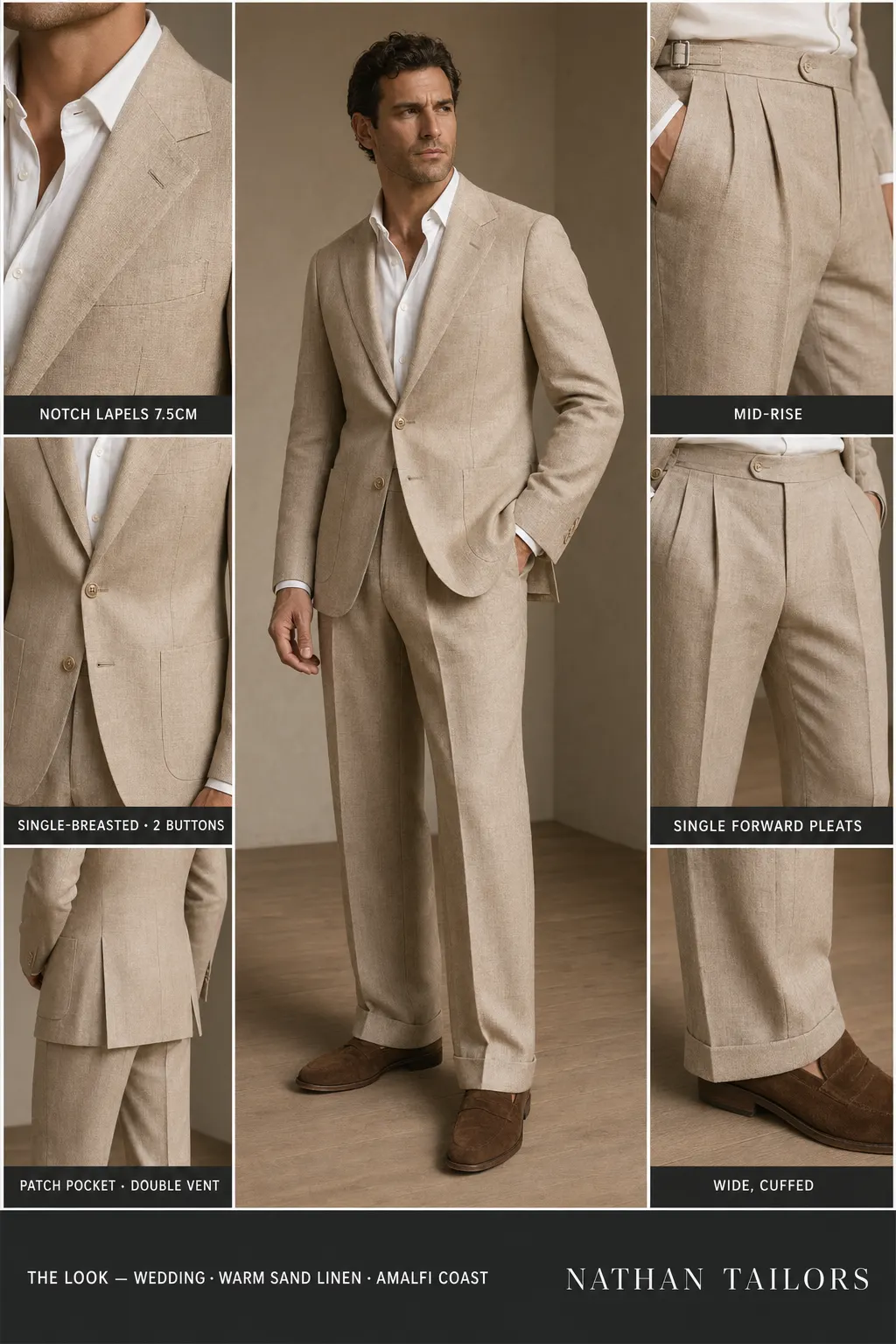 warm sand linen single-breasted notch-lapel bespoke suit — AI-rendered by Nathan Tailors, the Hoi An custom tailor. Available as a custom tailored suit from $149.