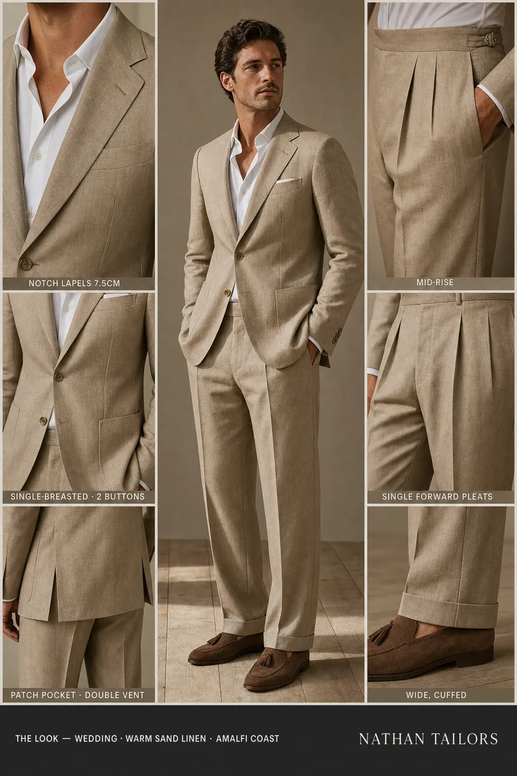 warm sand linen single-breasted notch-lapel bespoke suit — AI-rendered by Nathan Tailors, the Hoi An custom tailor. Available as a custom tailored suit from $149.