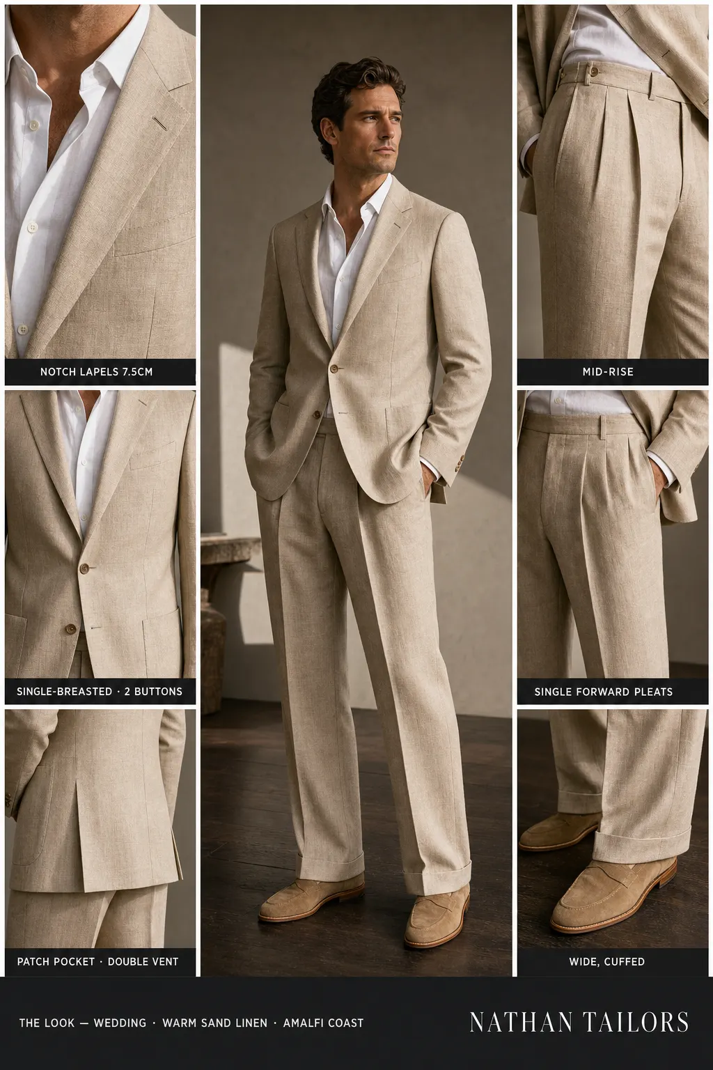 warm sand linen single-breasted notch-lapel bespoke suit — AI-rendered by Nathan Tailors, the Hoi An custom tailor. Available as a custom tailored suit from $149.