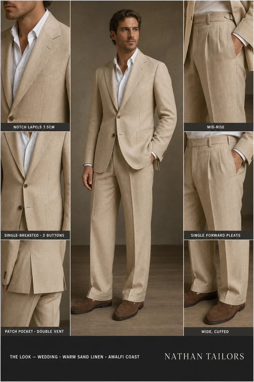 warm sand linen single-breasted notch-lapel bespoke suit — AI-rendered by Nathan Tailors, the Hoi An custom tailor. Available as a custom tailored suit from $149.