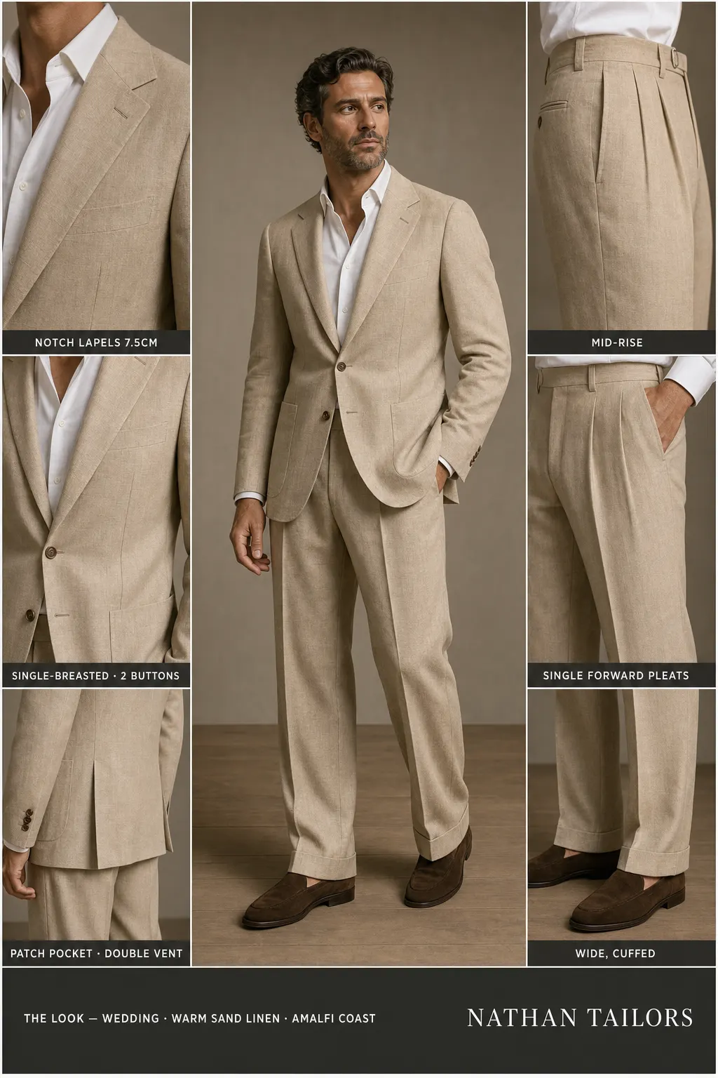 warm sand linen single-breasted notch-lapel bespoke suit — AI-rendered by Nathan Tailors, the Hoi An custom tailor. Available as a custom tailored suit from $149.
