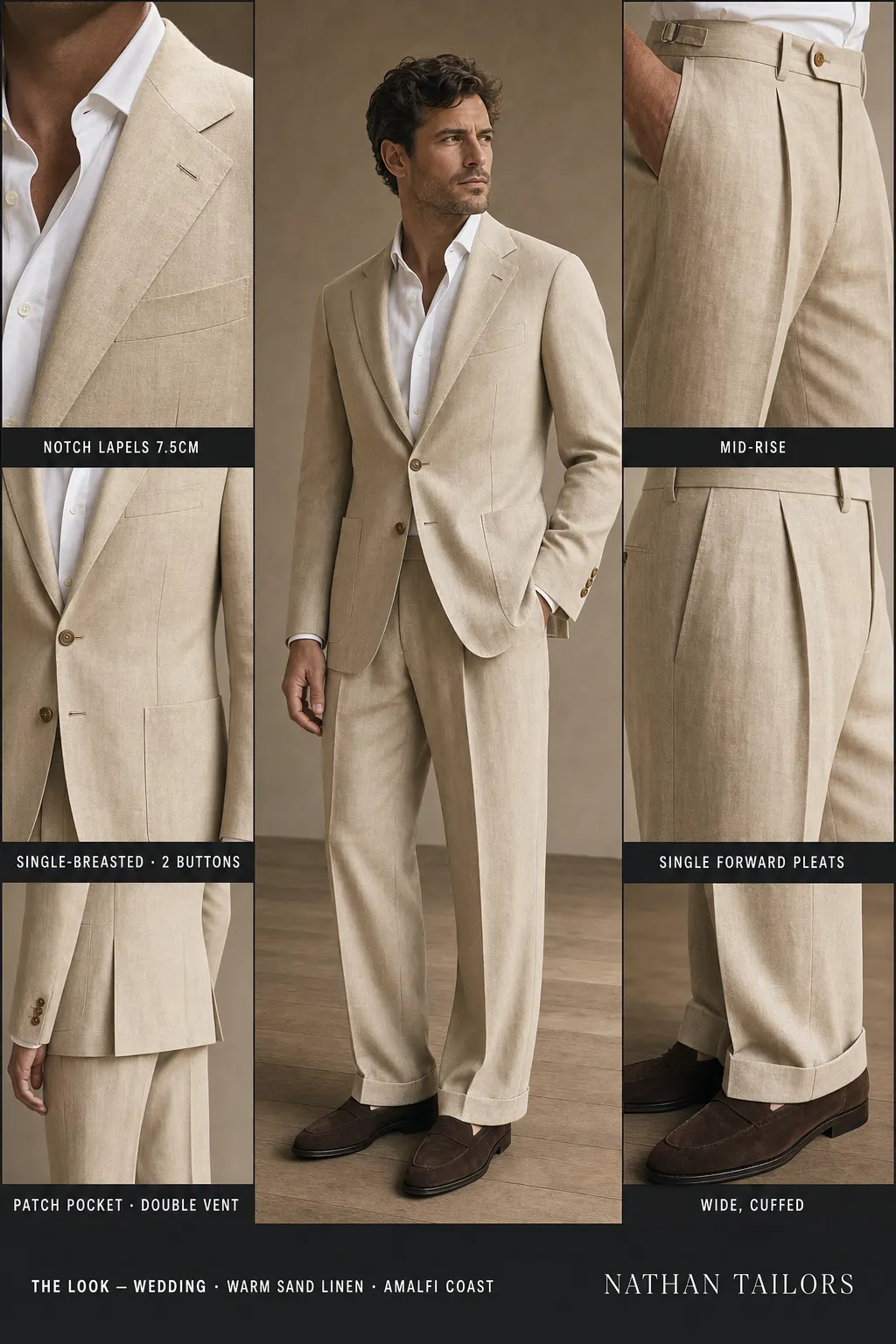 warm sand linen single-breasted notch-lapel bespoke suit — AI-rendered by Nathan Tailors, the Hoi An custom tailor. Available as a custom tailored suit from $149.
