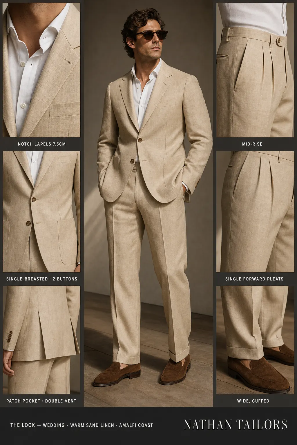 warm sand linen single-breasted notch-lapel bespoke suit — AI-rendered by Nathan Tailors, the Hoi An custom tailor. Available as a custom tailored suit from $149.