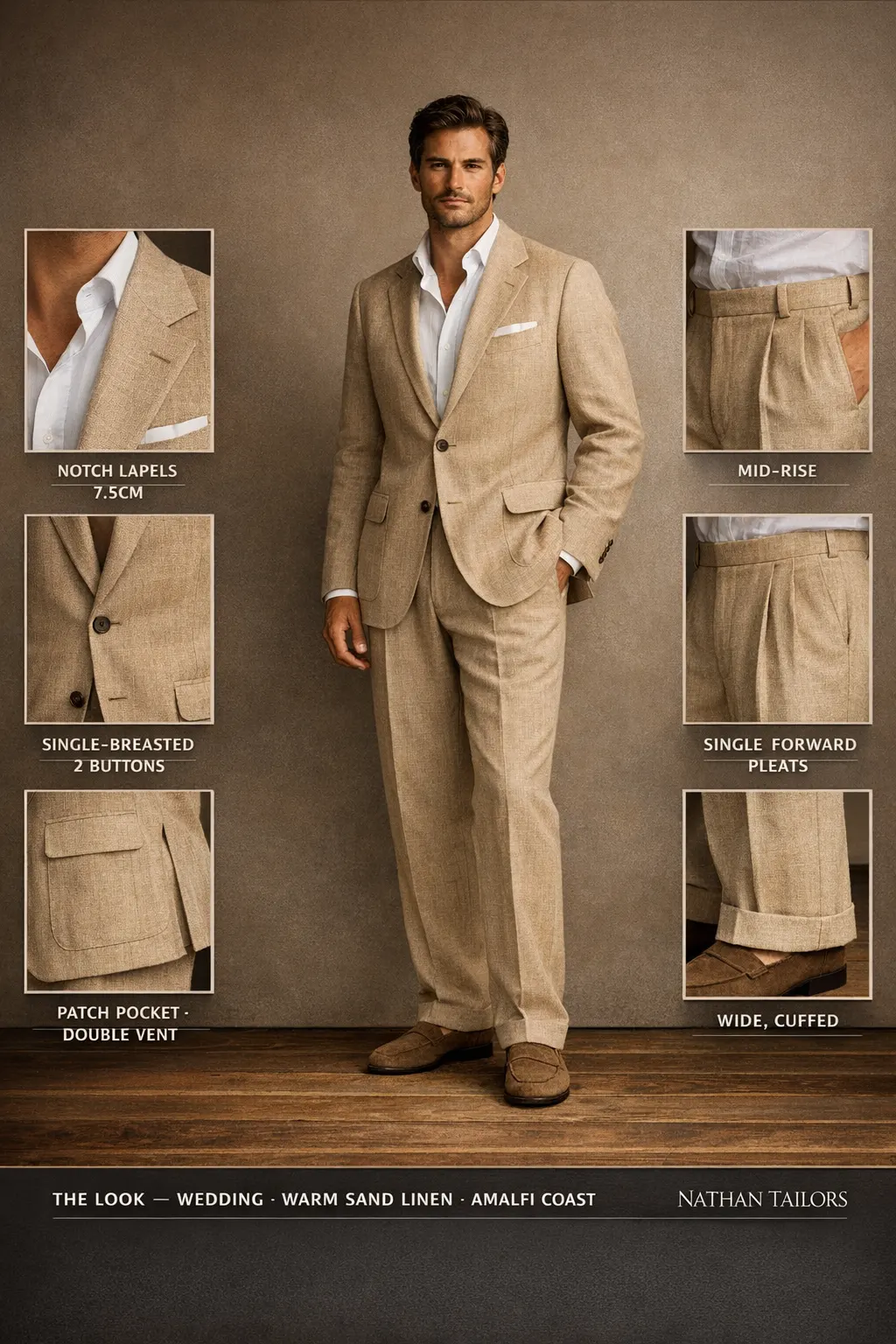 warm sand linen single-breasted notch-lapel bespoke suit — AI-rendered by Nathan Tailors, the Hoi An custom tailor. Available as a custom tailored suit from $149.