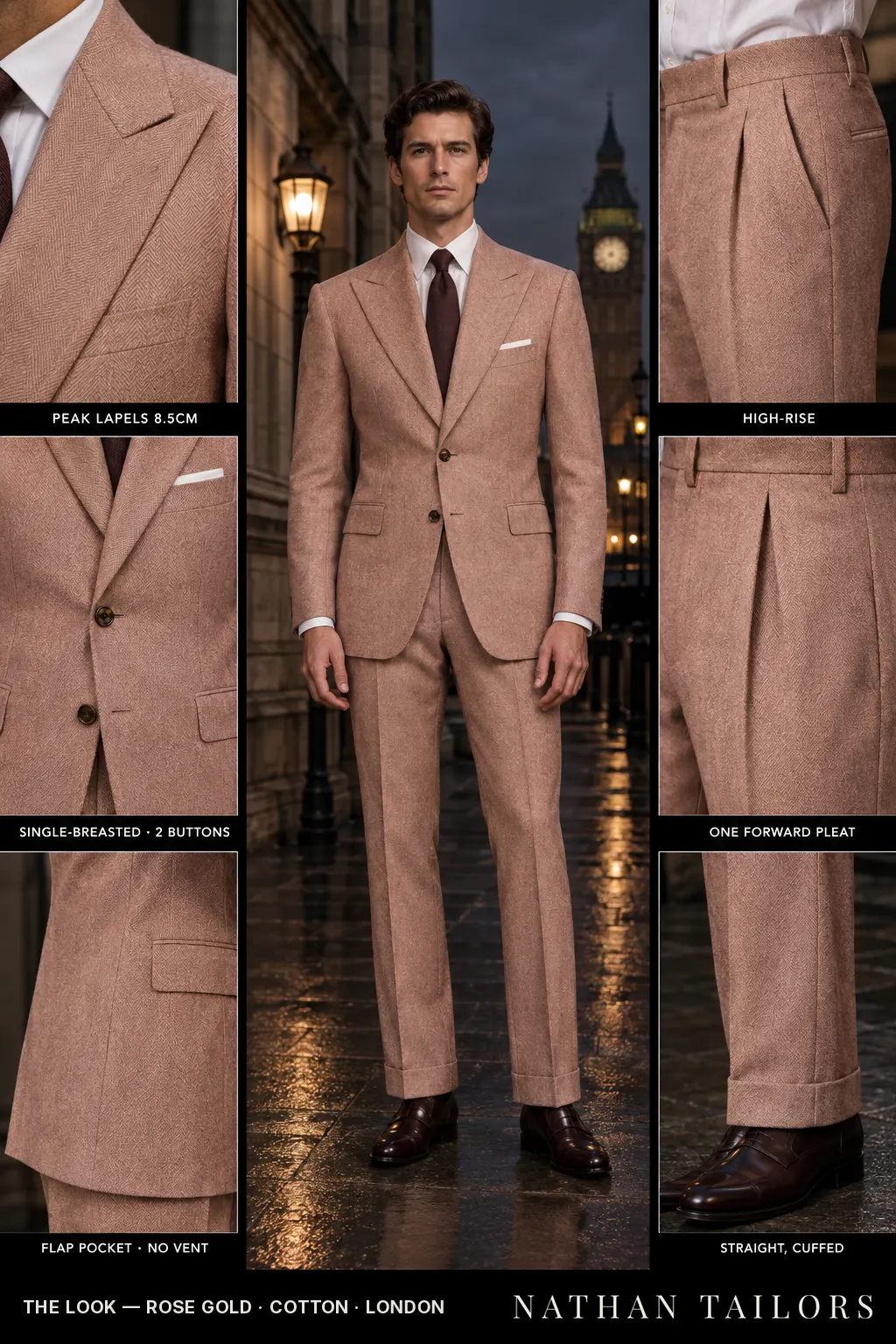 rose gold herringbone single-breasted bespoke suit โ custom tailored by Nathan Tailors, the Hoi An custom tailor