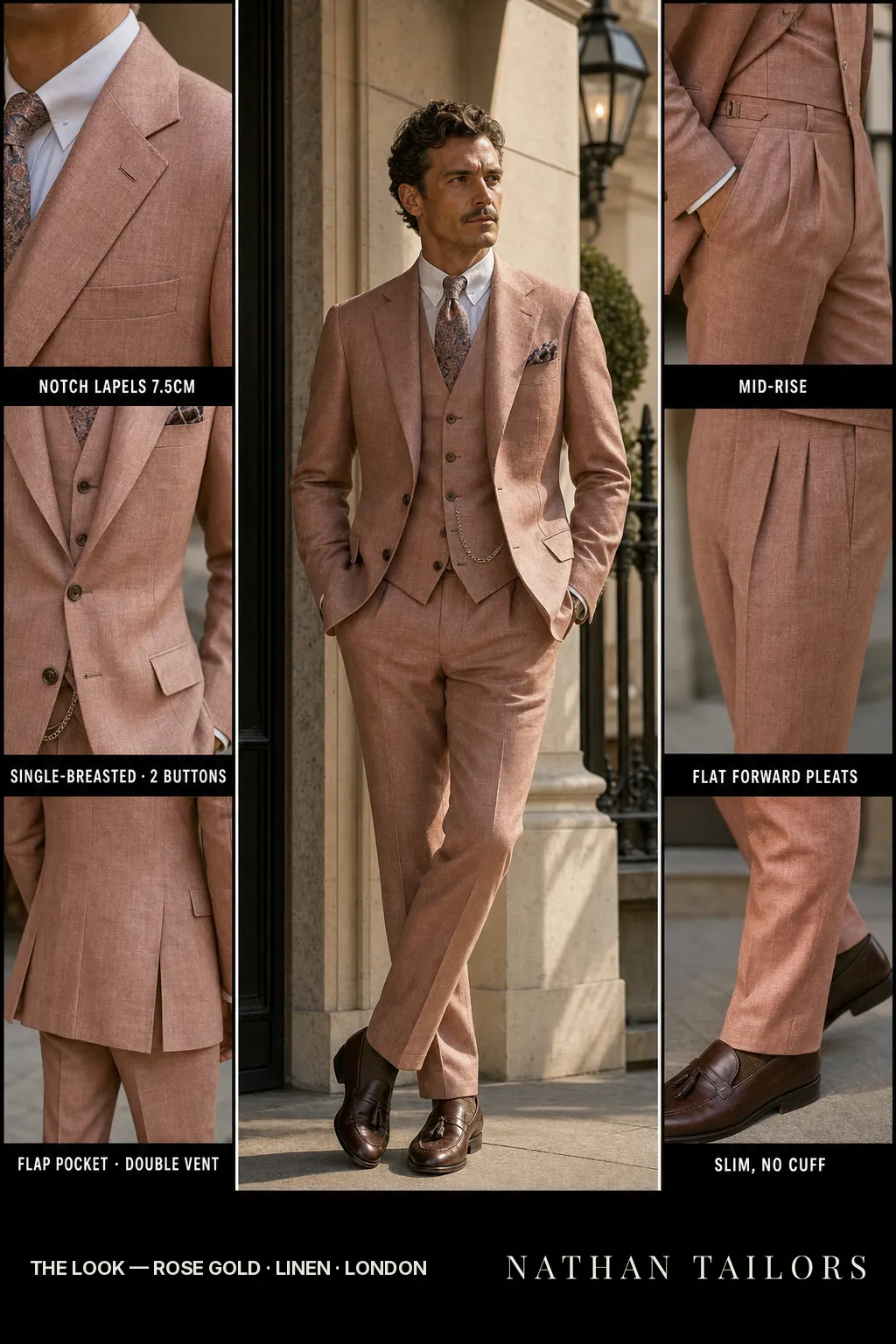 rose gold single-breasted notch-lapel bespoke suit โ AI-rendered by Nathan Tailors, the Hoi An custom tailor. Available as a custom tailored suit from $149.