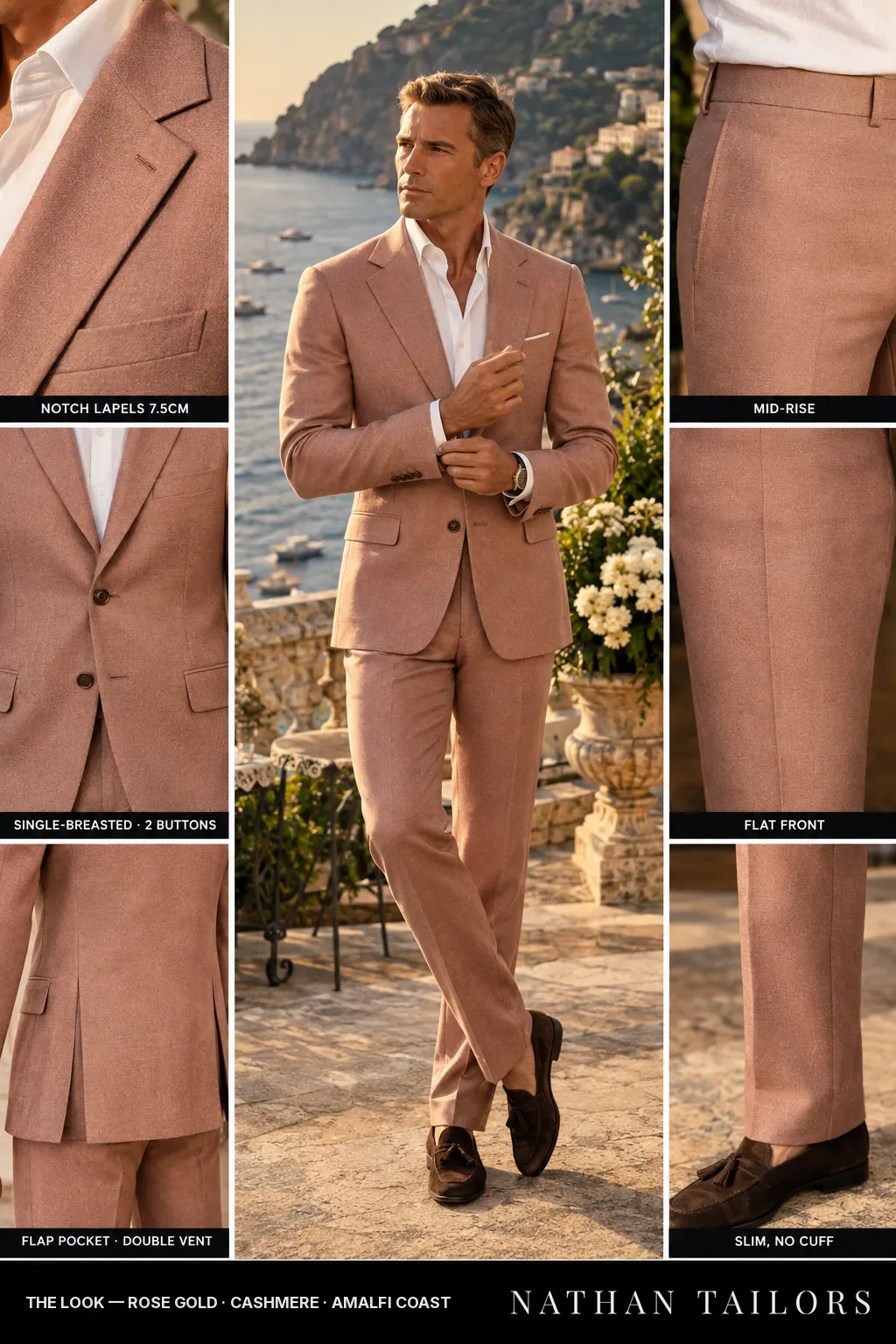 rose gold single-breasted bespoke suit โ custom tailored by Nathan Tailors, the Hoi An custom tailor