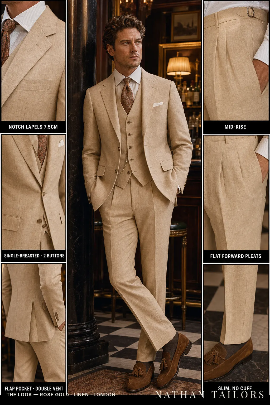 rose gold single-breasted notch-lapel bespoke suit — AI-rendered by Nathan Tailors, the Hoi An custom tailor. Available as a custom tailored suit from $149.