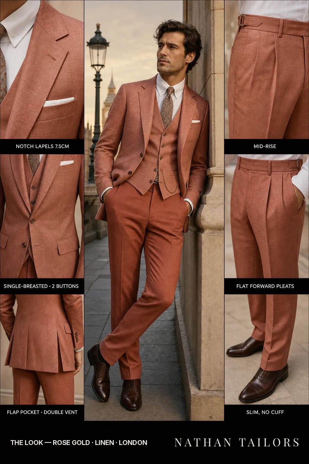 rose gold single-breasted notch-lapel bespoke suit โ AI-rendered by Nathan Tailors, the Hoi An custom tailor. Available as a custom tailored suit from $149.