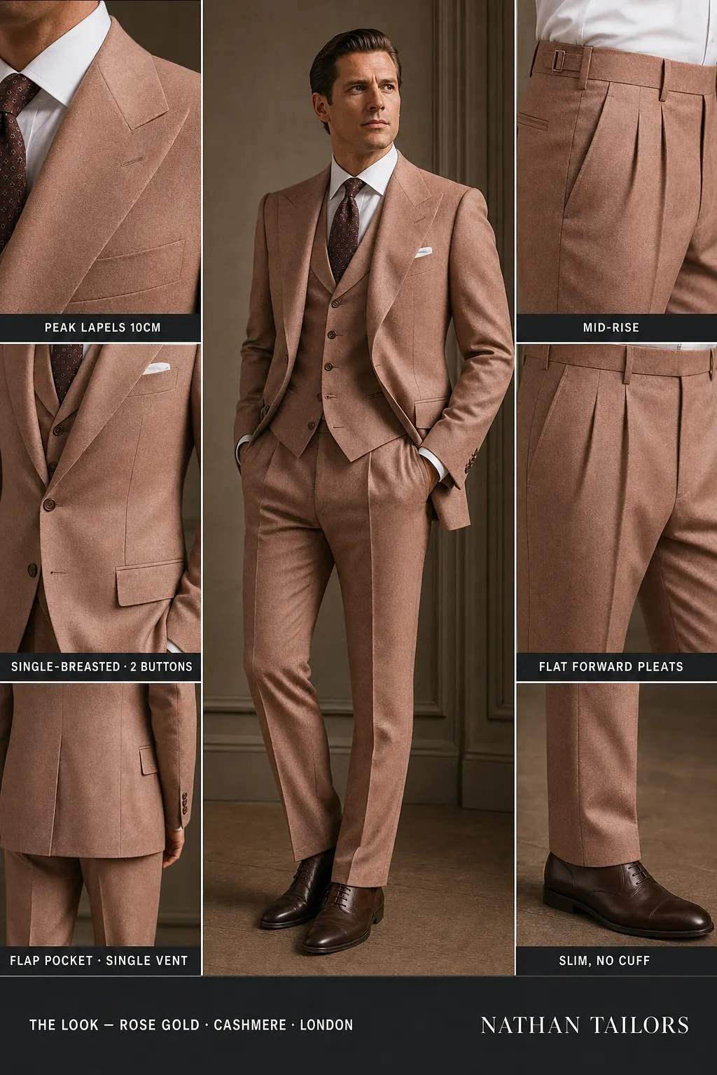rose gold single-breasted peak-lapel bespoke suit — AI-rendered by Nathan Tailors, the Hoi An custom tailor. Available as a custom tailored suit from $149.