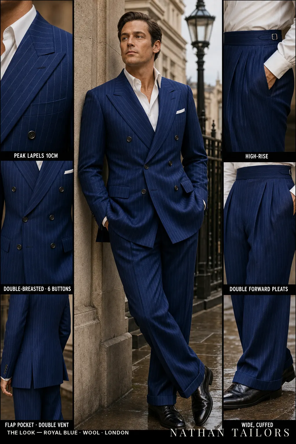 royal blue chalk stripe double-breasted peak-lapel bespoke suit — AI-rendered by Nathan Tailors, the Hoi An custom tailor. Available as a custom tailored suit from $149.