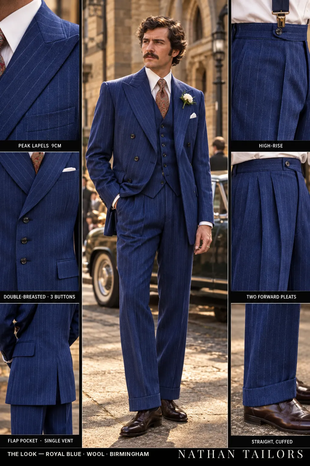 royal blue chalk stripe double-breasted peak-lapel bespoke suit โ AI-rendered by Nathan Tailors, the Hoi An custom tailor. Available as a custom tailored suit from $149.