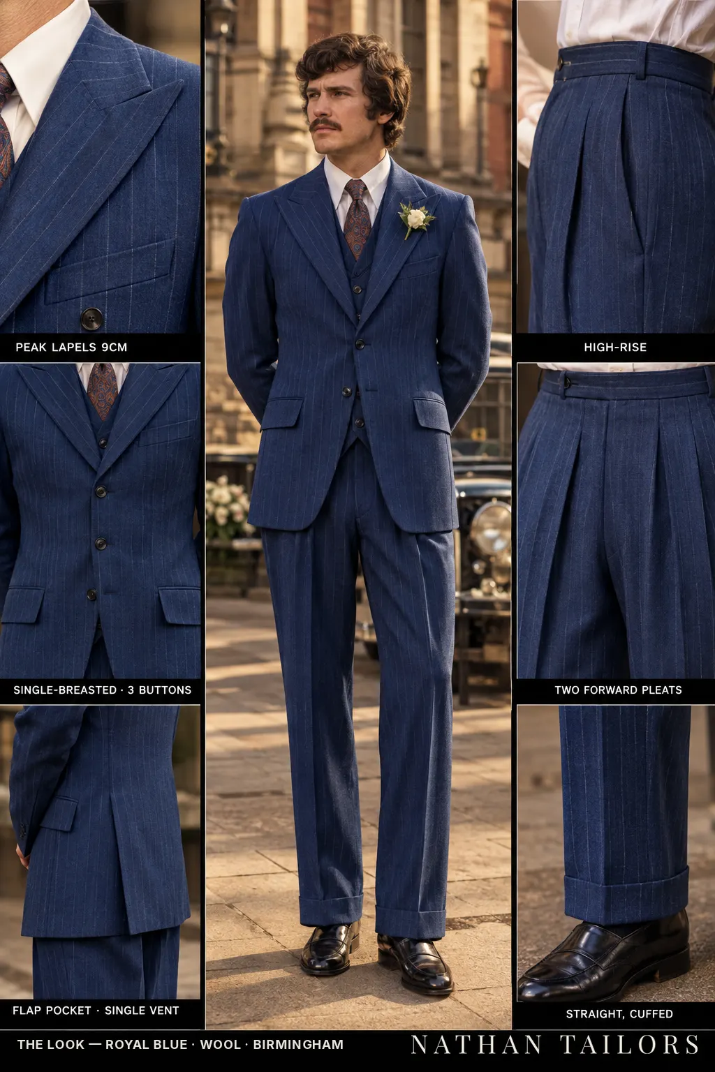 royal blue chalk stripe single-breasted peak-lapel bespoke suit โ AI-rendered by Nathan Tailors, the Hoi An custom tailor. Available as a custom tailored suit from $149.