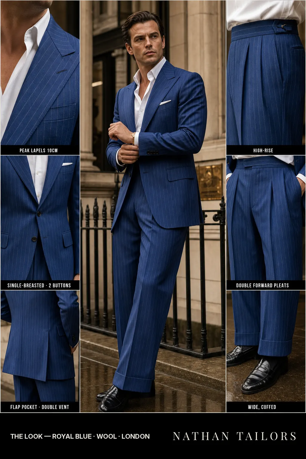 royal blue chalk stripe single-breasted peak-lapel bespoke suit — AI-rendered by Nathan Tailors, the Hoi An custom tailor. Available as a custom tailored suit from $149.