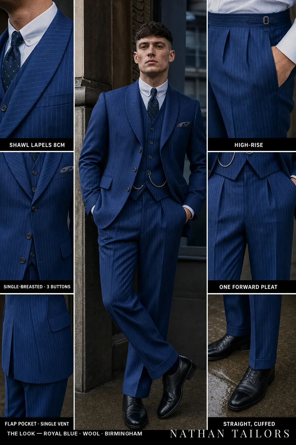 royal blue chalk stripe single-breasted shawl-lapel bespoke suit — AI-rendered by Nathan Tailors, the Hoi An custom tailor. Available as a custom tailored suit from $149.