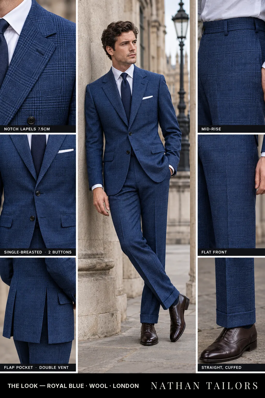 royal blue glen plaid single-breasted notch-lapel bespoke suit — AI-rendered by Nathan Tailors, the Hoi An custom tailor. Available as a custom tailored suit from $149.
