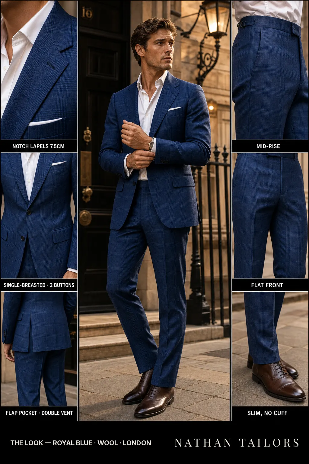 royal blue glen plaid single-breasted notch-lapel bespoke suit — AI-rendered by Nathan Tailors, the Hoi An custom tailor. Available as a custom tailored suit from $149.