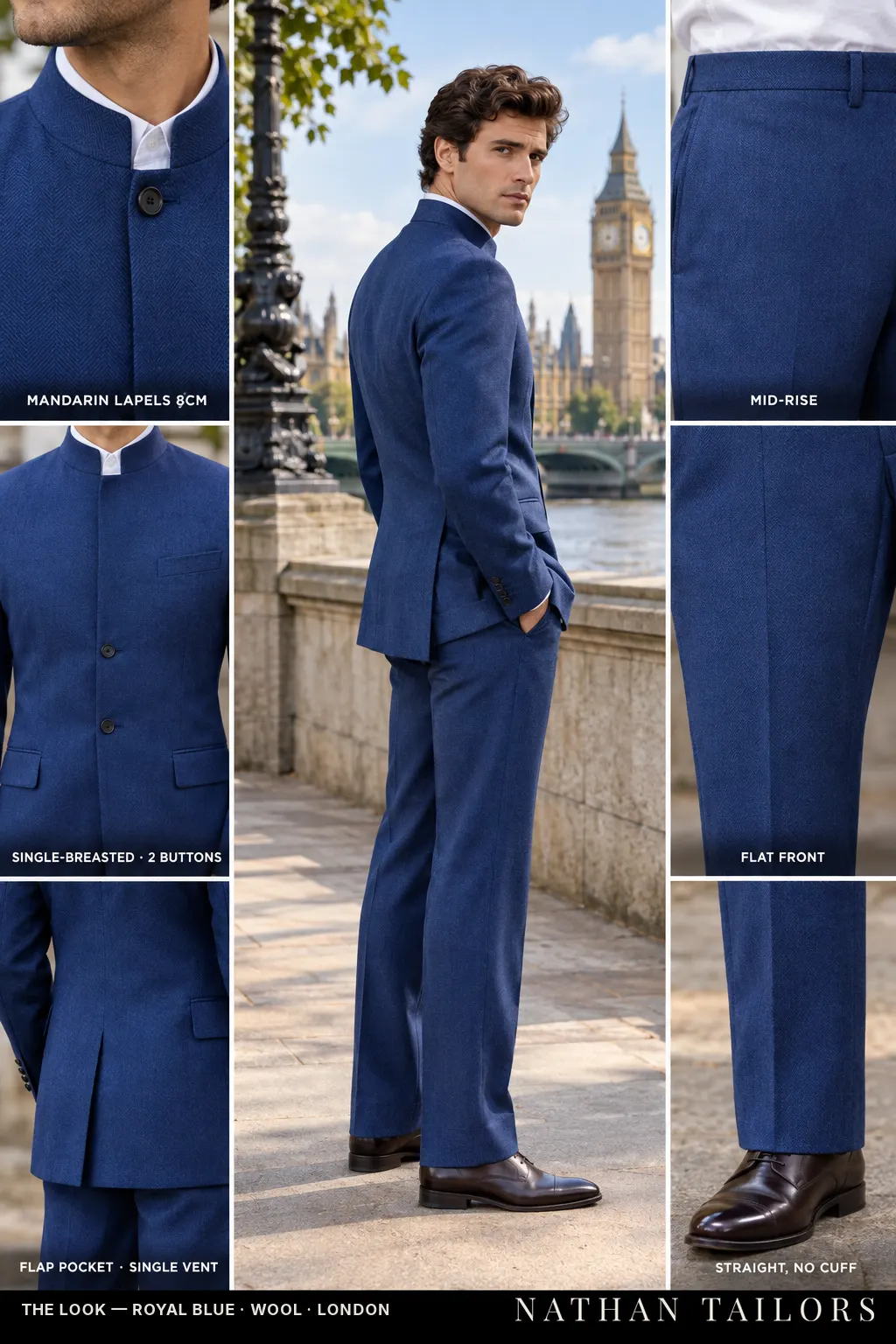 royal blue herringbone single-breasted mandarin-lapel bespoke suit — AI-rendered by Nathan Tailors, the Hoi An custom tailor. Available as a custom tailored suit from $169.