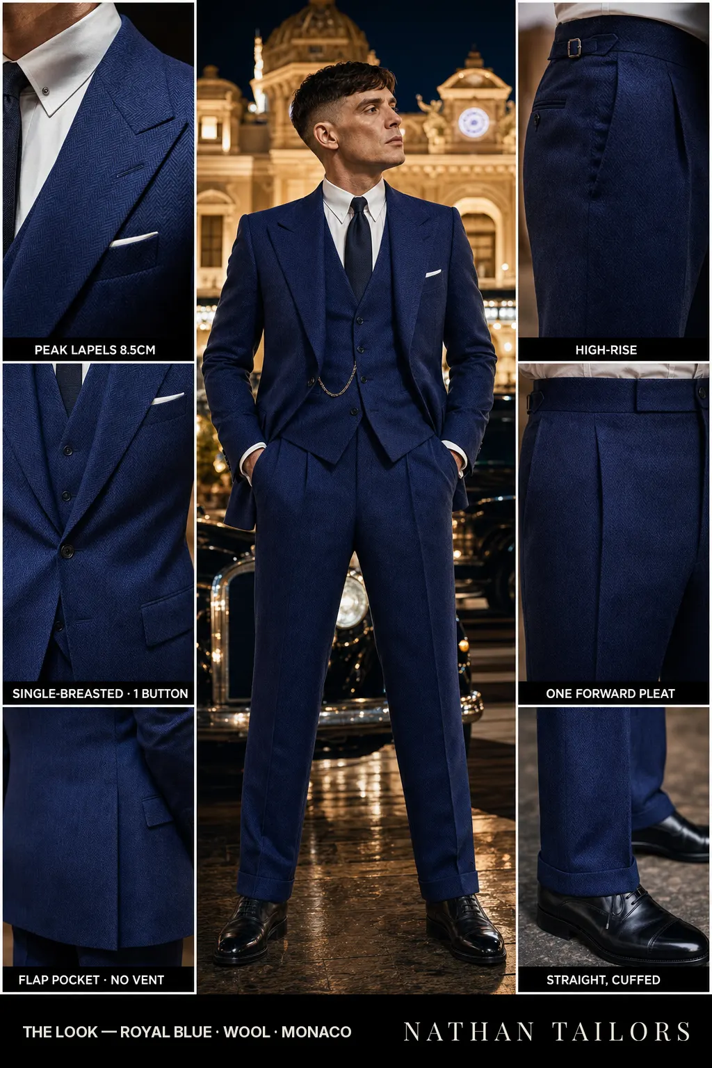 royal blue herringbone single-breasted peak-lapel bespoke suit — AI-rendered by Nathan Tailors, the Hoi An custom tailor. Available as a custom tailored suit from $149.