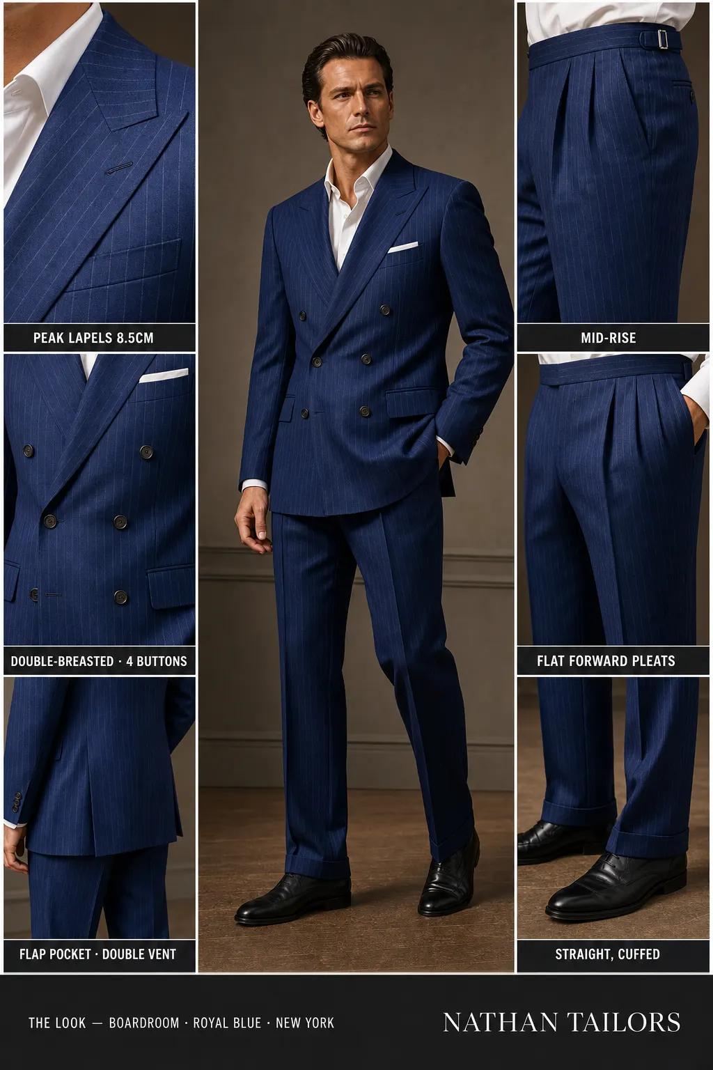 royal blue pinstripe double-breasted peak-lapel bespoke suit — AI-rendered by Nathan Tailors, the Hoi An custom tailor. Available as a custom tailored suit from $149.