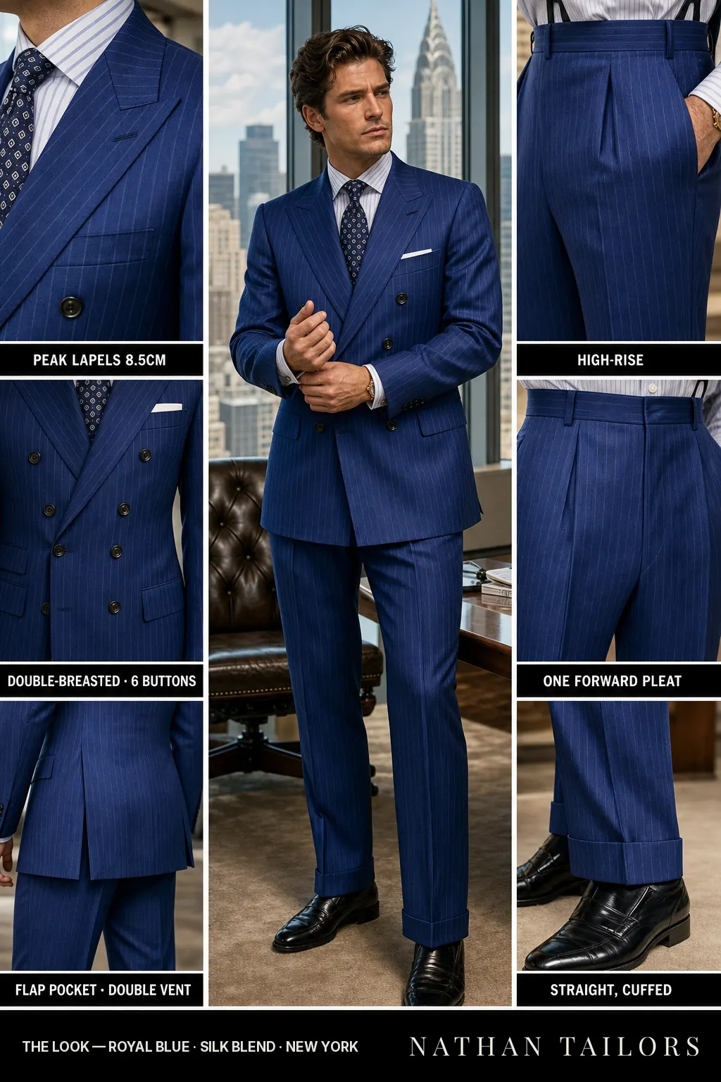 royal blue pinstripe double-breasted peak-lapel bespoke suit — AI-rendered by Nathan Tailors, the Hoi An custom tailor. Available as a custom tailored suit from $149.
