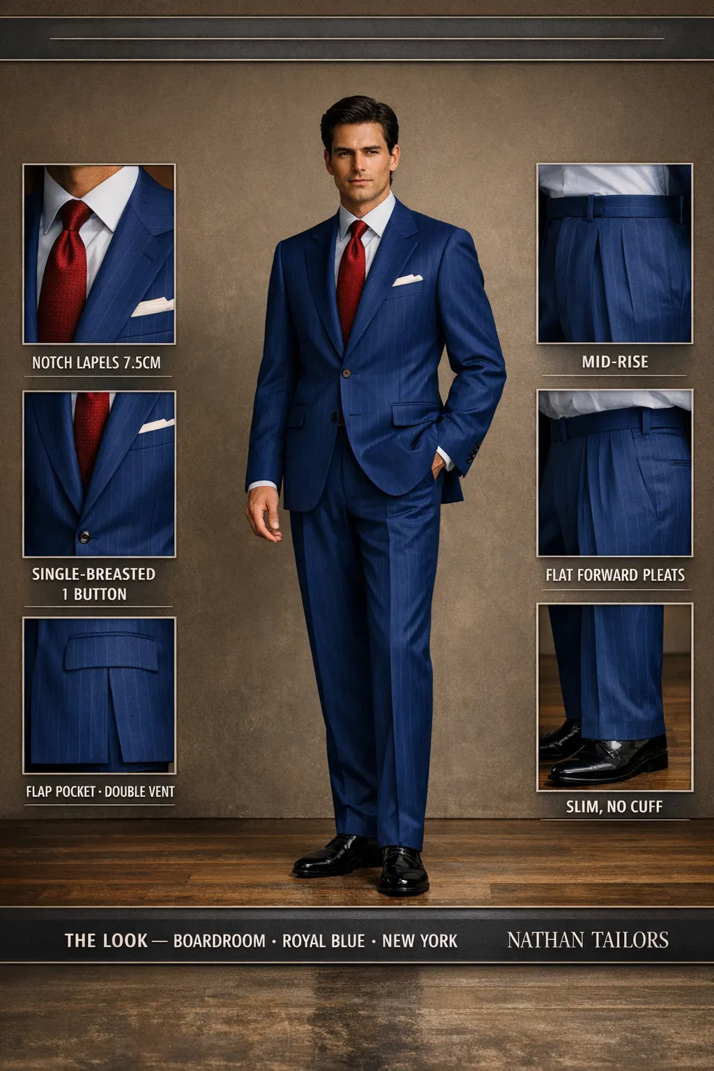 royal blue pinstripe single-breasted notch-lapel bespoke suit โ AI-rendered by Nathan Tailors, the Hoi An custom tailor. Available as a custom tailored suit from $149.