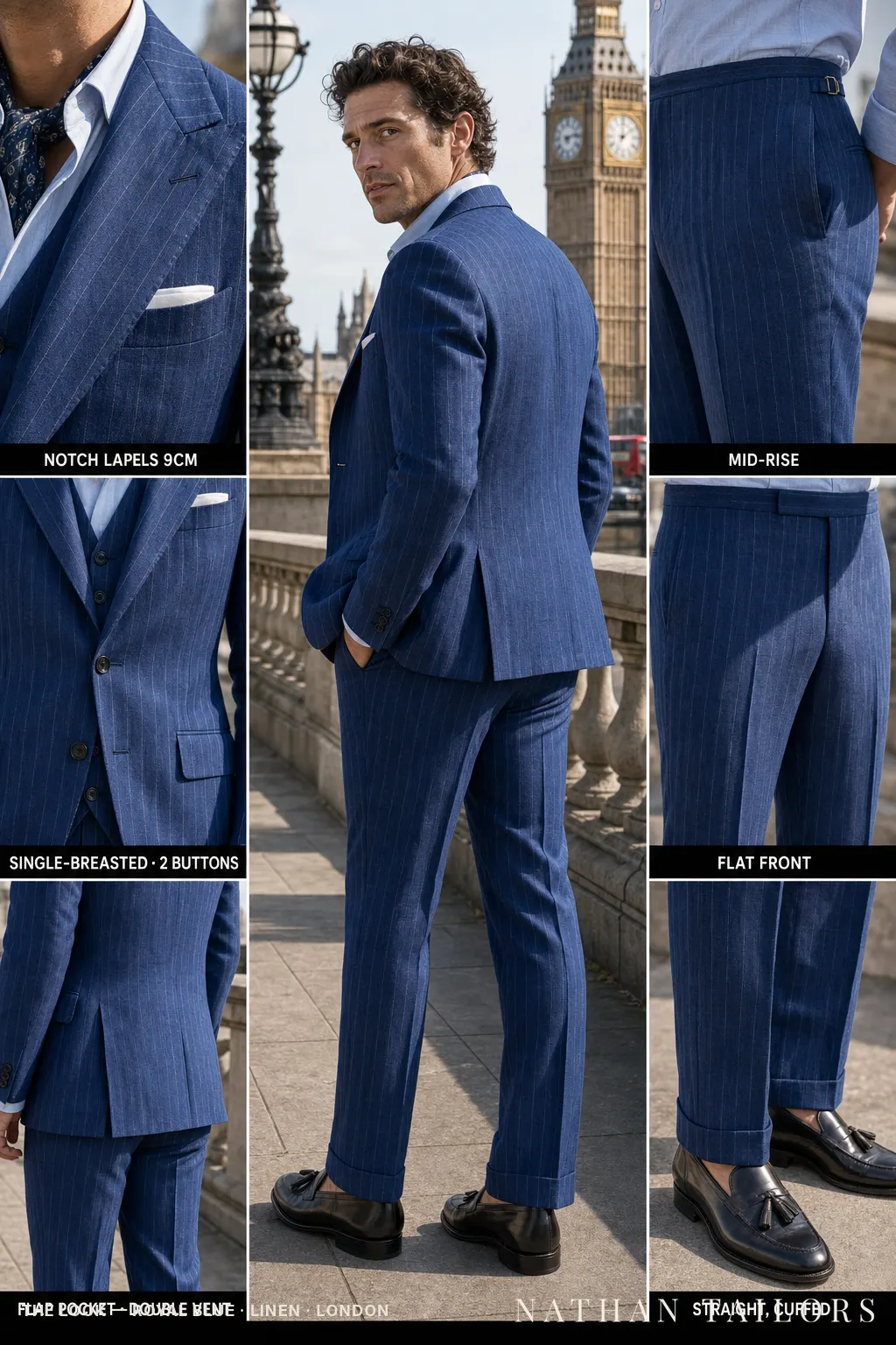 royal blue pinstripe single-breasted notch-lapel bespoke suit โ AI-rendered by Nathan Tailors, the Hoi An custom tailor. Available as a custom tailored suit from $149.