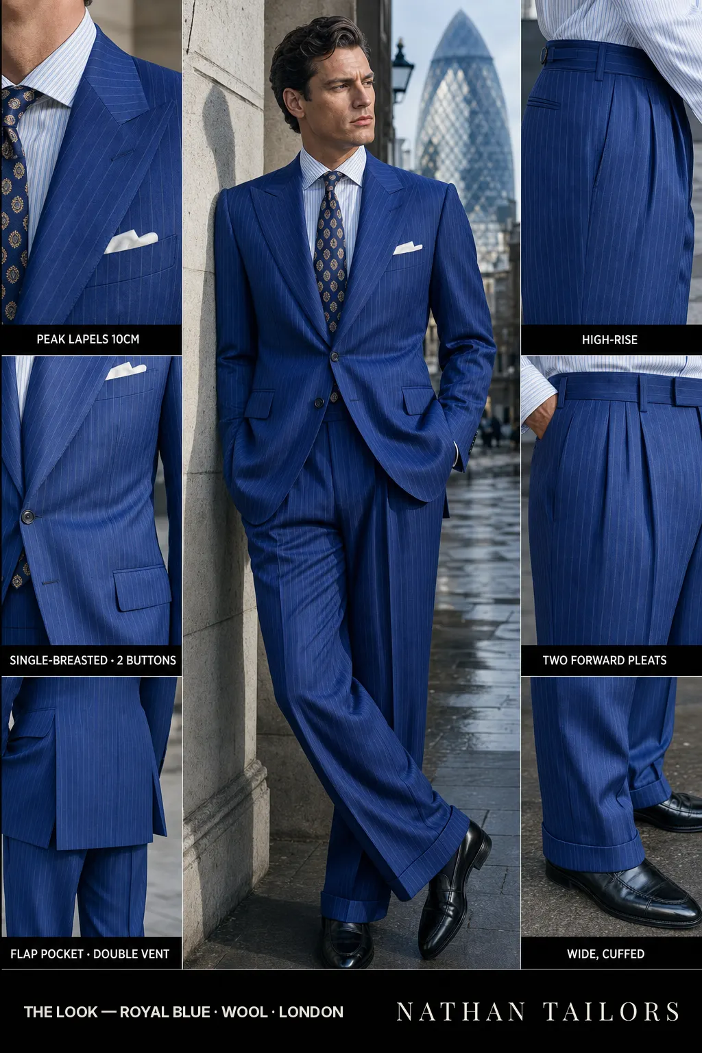 royal blue pinstripe single-breasted peak-lapel bespoke suit โ AI-rendered by Nathan Tailors, the Hoi An custom tailor. Available as a custom tailored suit from $149.