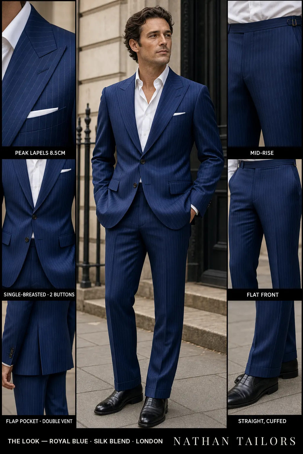 royal blue pinstripe single-breasted peak-lapel bespoke suit โ AI-rendered by Nathan Tailors, the Hoi An custom tailor. Available as a custom tailored suit from $149.