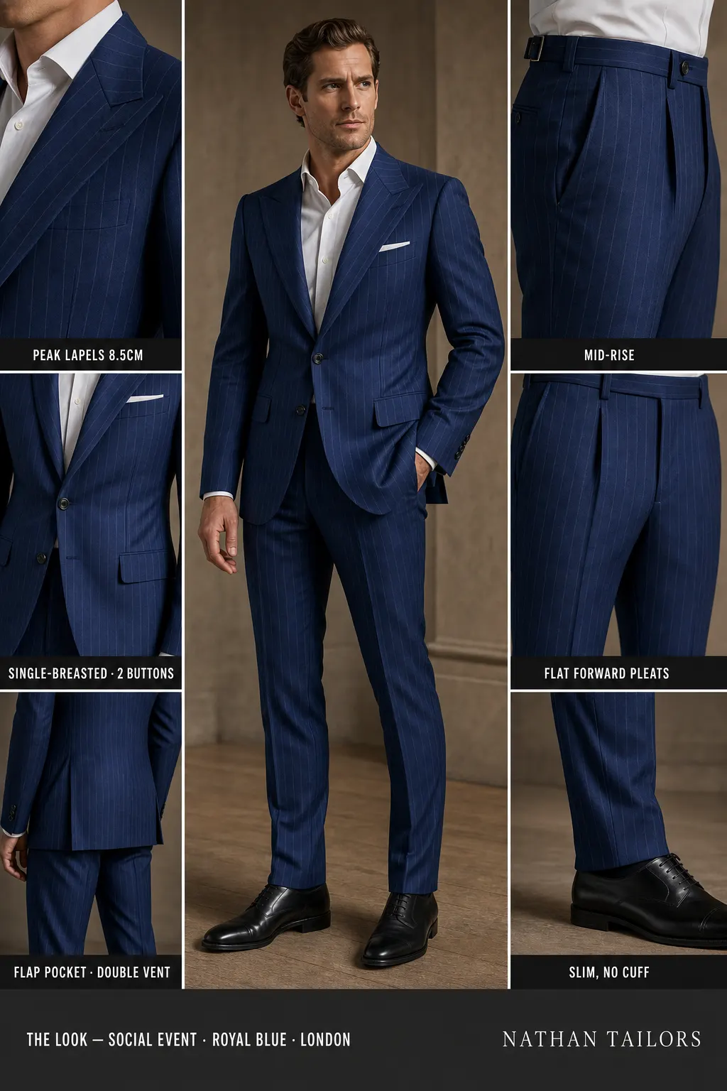 royal blue pinstripe single-breasted peak-lapel bespoke suit — AI-rendered by Nathan Tailors, the Hoi An custom tailor. Available as a custom tailored suit from $149.