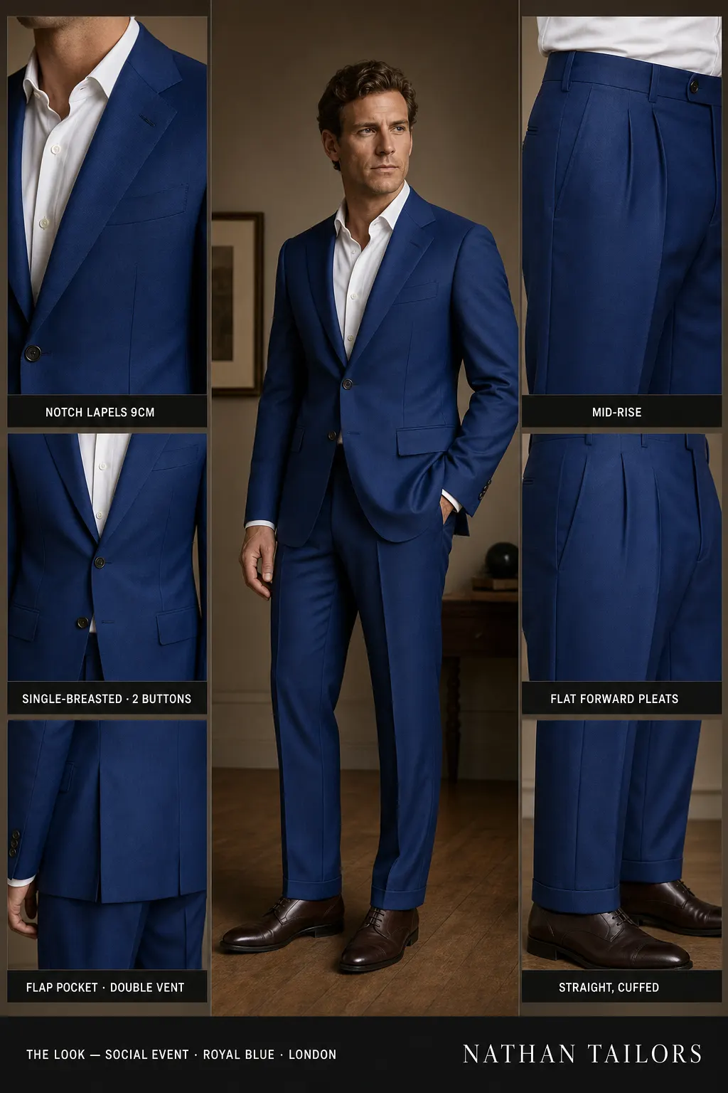 royal blue single-breasted notch-lapel bespoke suit โ AI-rendered by Nathan Tailors, the Hoi An custom tailor. Available as a custom tailored suit from $149.