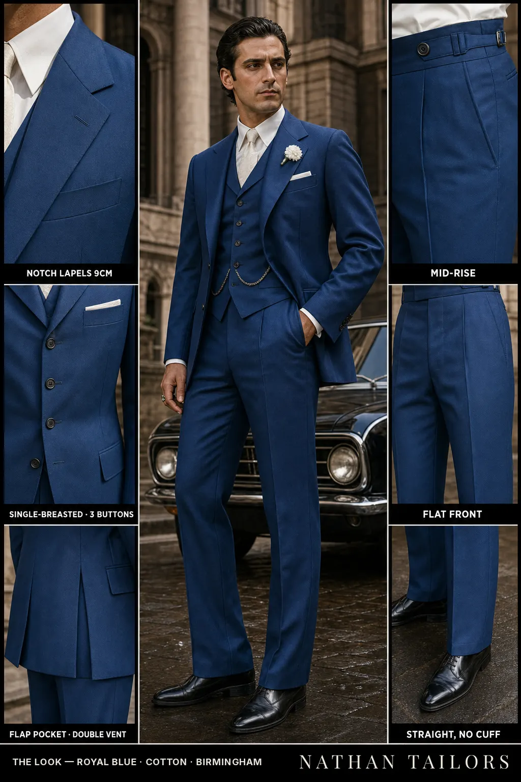 royal blue single-breasted notch-lapel bespoke suit โ AI-rendered by Nathan Tailors, the Hoi An custom tailor. Available as a custom tailored suit from $149.