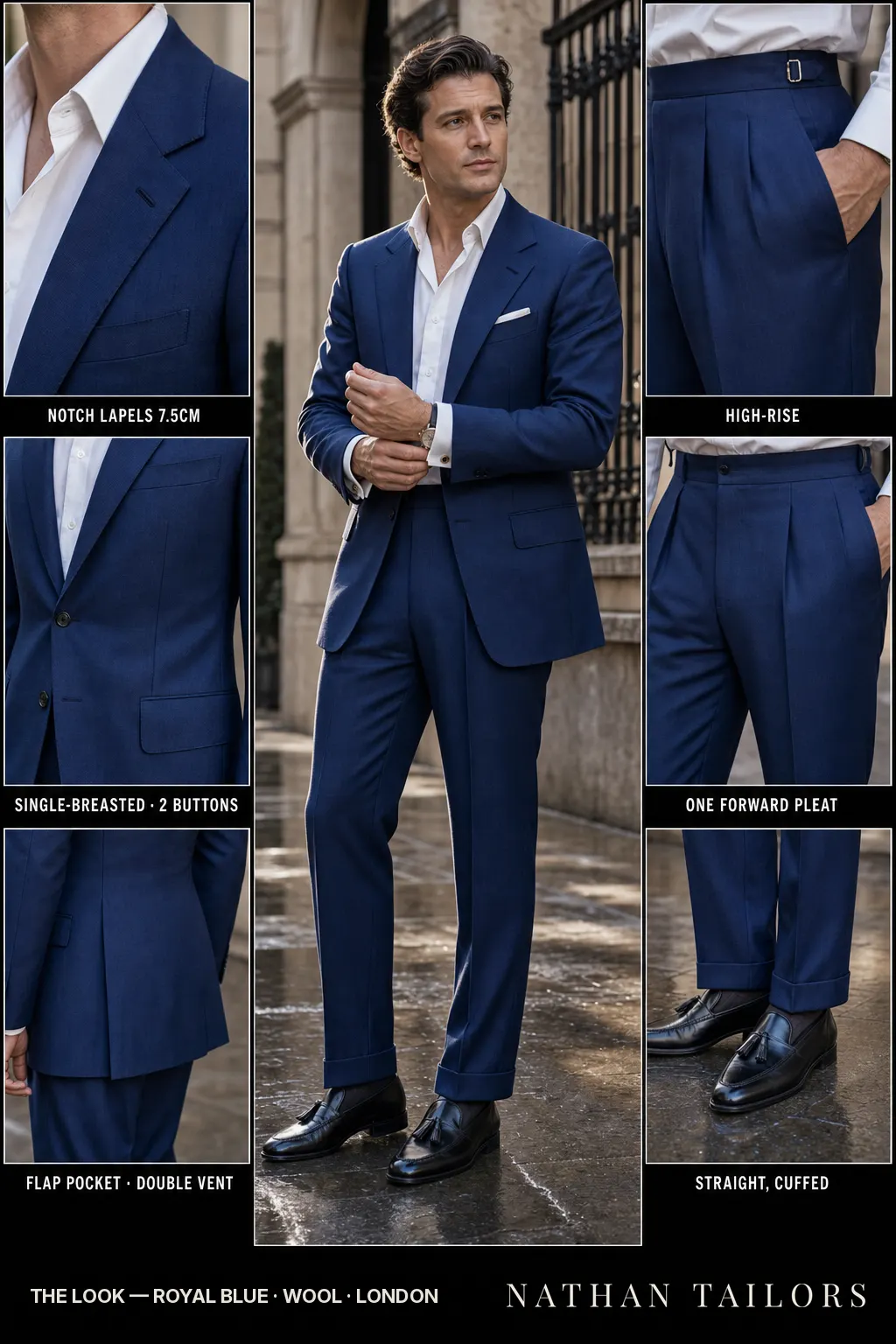 royal blue single-breasted notch-lapel bespoke suit — AI-rendered by Nathan Tailors, the Hoi An custom tailor. Available as a custom tailored suit from $149.